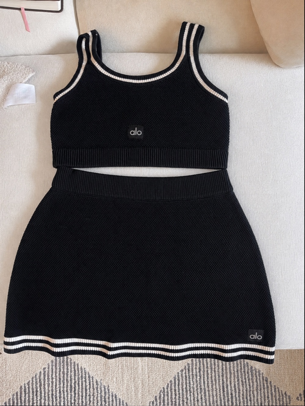 Alo yoga tennis club knit skirt and bra set